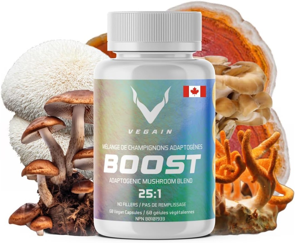 Boost Adaptogenic Mushroom Blend | 60 Servings, High Potency 25:1 Extract | Maitake, Shiitake, Reishi, Cordyceps, Lion's Mane - Supporta la riduzione dello stress, maggiore resistenza & energia - 60 Vegan Caps
