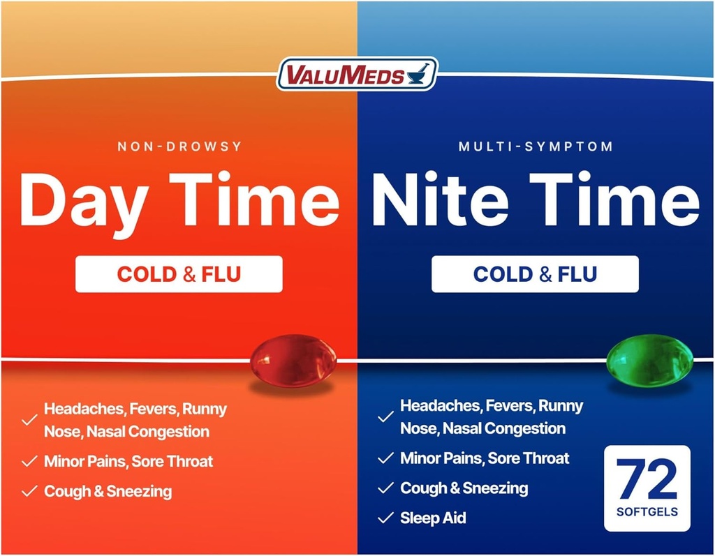 ValuMeds Cold & Flu Multi-Symptome Relief for Congestion, Céphalées, Gorge douloureuse, Douleurs et Douleurs, Fièvre (Daytime & Nighttime, 72 Compte)
