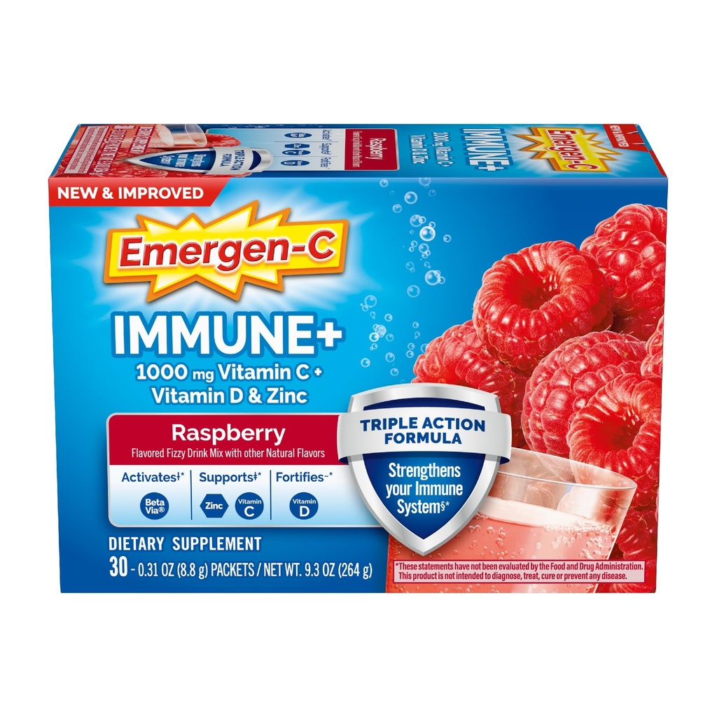 Emergen-C Immune+ Tripla Azione Sostegno Immune Polvere, BetaVia (R), 1000mg Vitamina C, B Vitamine, Vitamina D e Antiossidanti, Raspberry, Torna alla Scuola Essenziale – 30 Conte