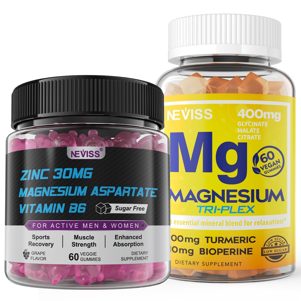 NEVISS Magnesium Gummies with Turmeric 300mg + Zinc and Magnesium Supplement with Vitamin B6, B12, D3, Turmeric