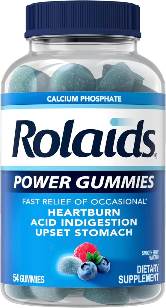Rolaids Power Gummies, Fast Relief of Occasional Heartburn and Acid Indegestion, Supplemento dietetico, Smooth Berry, 54 Gummies