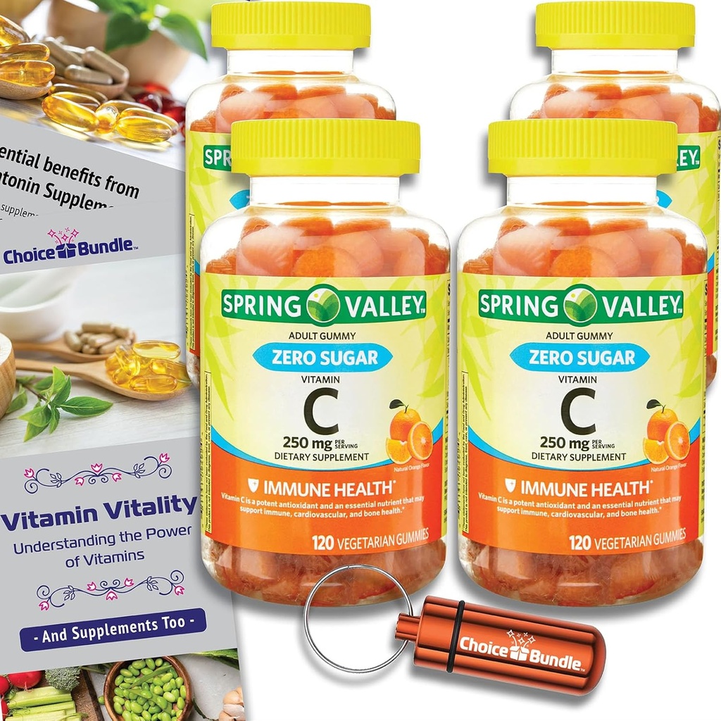 Wählen Sie Bundle Spring Valley Zero Sugar Vitamin C Gummis Nahrungsergänzung 250 mg 120 Ct 4 pk (480 Gesamt) + Vitamin Guide & Pill Container (6 Artikel)!