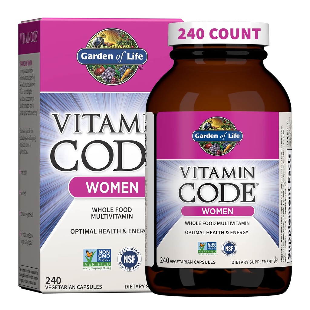 Giardino della vita Multivitamina per le donne, Codice Vitamina Multi - Intero Cibo Donne Multi Vitamine, Ferro, Folate non Acido Folico, Vitamina A e Probiotici per l'Energia delle Donne, 240 Capsule Vegetariani