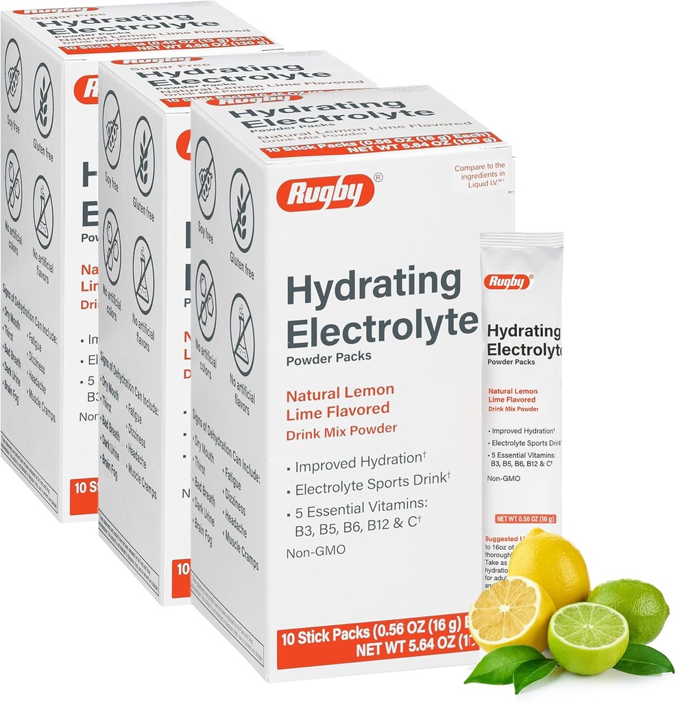 Rugby Hydrating Electrolyte Powder Packs - Bere Mix Powder Packets con 5 Vitamine - Miglioramento dell'idratazione - Natural Lemon-Lime Flavor - 10 Stick Packs - 0.56 Oz Ogni (3 Pack)