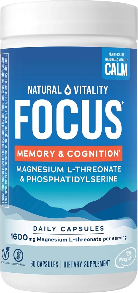 Natural Vitality Focus, Magnesio L-Threonate e Phosphatidylserine Nootropic Brain Integratori per Memoria, Focus e Cognizione, Gluten Free, Vegetariano, 60 Capsule