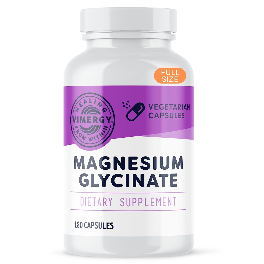 Vimergy Magnesium Glycinate – Supporto Stress – Chelated to Evitare Tummy Upset*– Promuove la salute del cuore e l'energia*– Kosher, Vegan Gluten-Free – 180 Caps