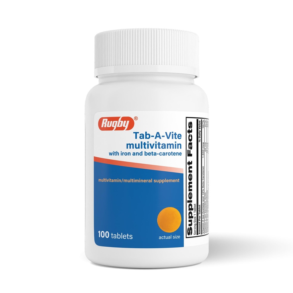 Rugby Tab-A-Vite Multivitamin con Ferro e Beta-Carotene - Multivitaminico giornaliero per adulti, Supporti Salute complessiva, Multimineral Supplement - 100 compresse