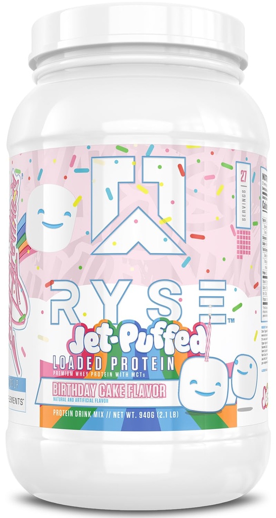 RYSE Loaded Protein Powder - Jet-Puffed Birthday Cake - 25g Whey Protein Isolate & Konzentrat mit Prebiotic Fiber & MCT - Low Carb, Low Sugar, Digestive-Friendly - 27 Portionen / 2 lb Tub