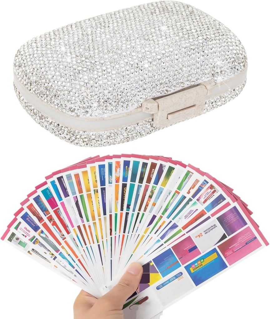 Pill Organizer mit Labels Bling Pocket Pill Case mit Aufklebern Travel Medicine Kit Holder Small Purse Pill Box Container Portable Mini Medication Storage (White & 300 Labels)