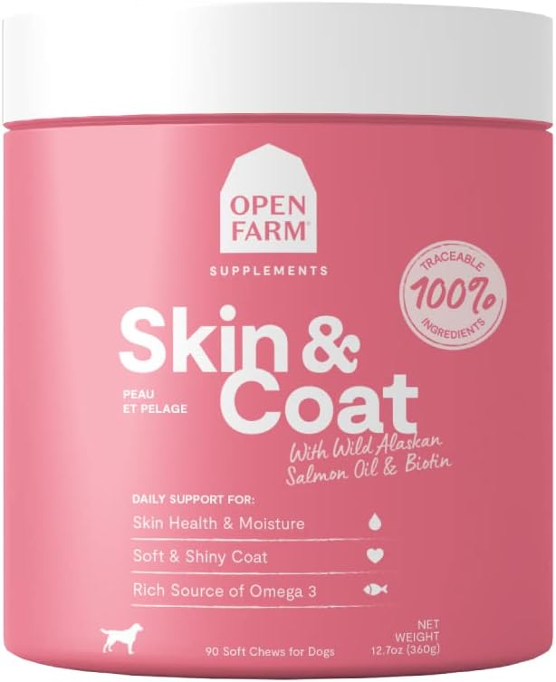 Open Farm Skin & Coat Chews, Dog Supplement, Dog Vitamins, Supports a Soft and Shiny Coat Using Traceable and Vet-Approved Ingredients, 12.7 oz, 90 Count