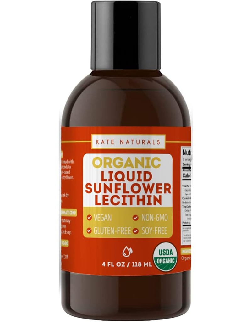Kate Naturals Sunflower Lécithine Liquide pour cuisiner et faire cuire. Lécithine liquide pour gommes, smoothies et supplément d'allaitement (4oz, biologique, végétalien, sans gluten)