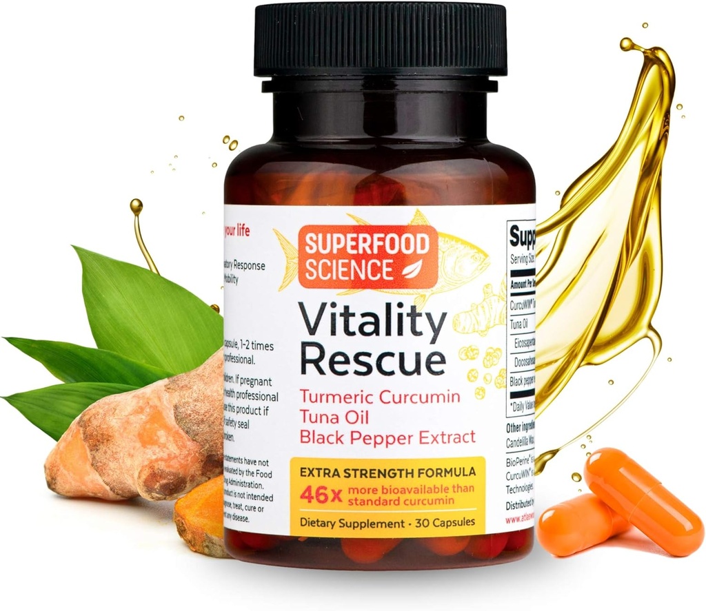 Vital-Rescue, Fischöl DHA EPA Omega 3 und Kurkuma Ergänzung w/Bioperine, CurcuWin 46X Superior Absorption Curcumin zur Unterstützung Workout Erholung, Gelenk, Muskel, Cardio & Gehirn Gesundheit, 30 Kapseln