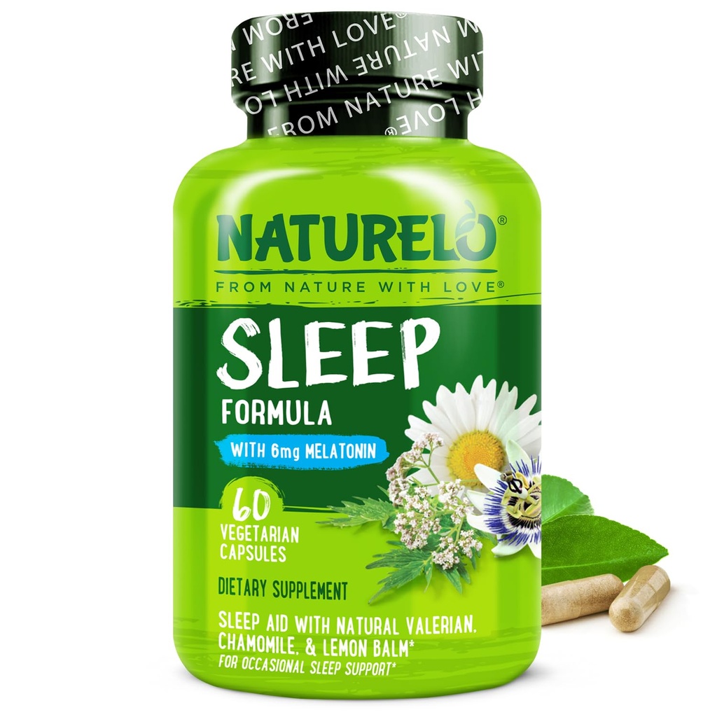 NATURELO Schlafhilfe - mit Melatonin, Magnesium, GABA, Valerian Root, Lemon Balm, Kamille Kräuterextrakte - Pflanzenbasierte Schlafhilfe - 60 Vegan Kapseln