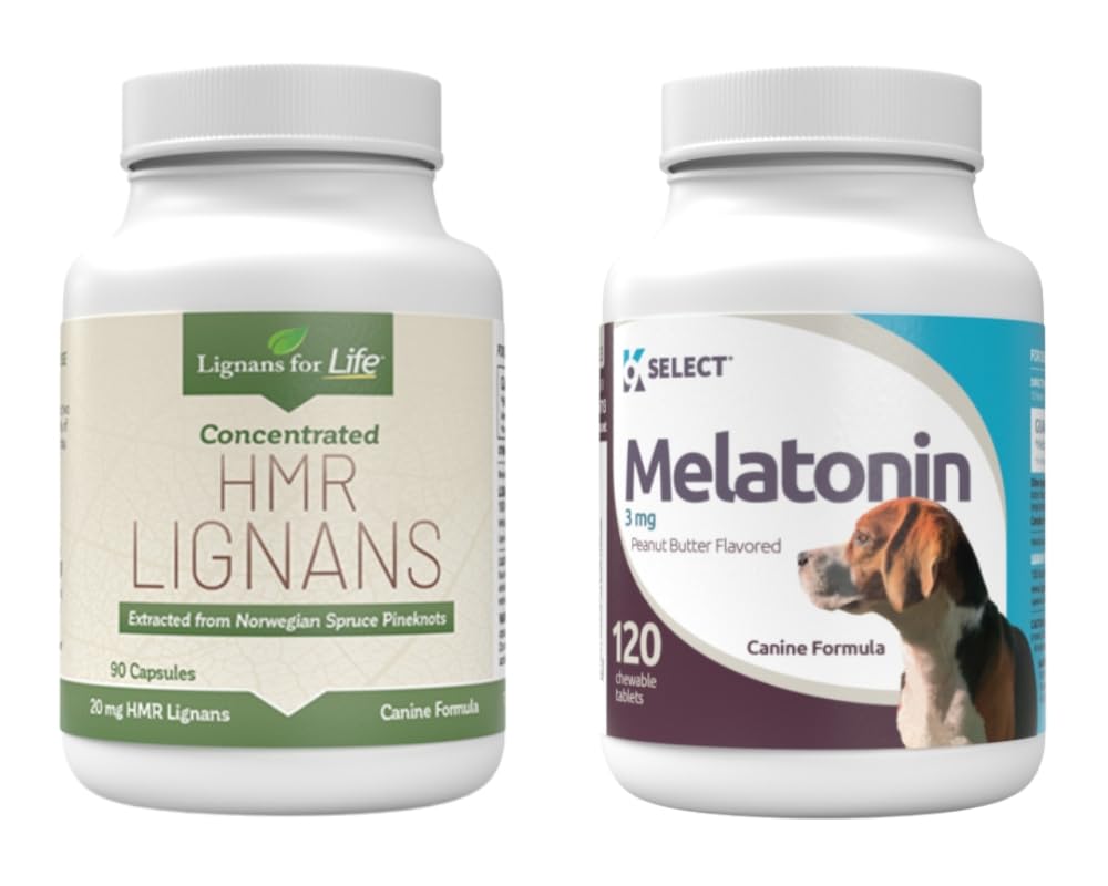 Lignans pour la vie et K9 Select Pet Care Bundle - HMR Lignans 20mg, 90 Capsules - Mélatonine et 3mg, 120 comprimés de beurre d'arachide - Multivitamin Dog Wellness Complement Treats - De taille moyenne