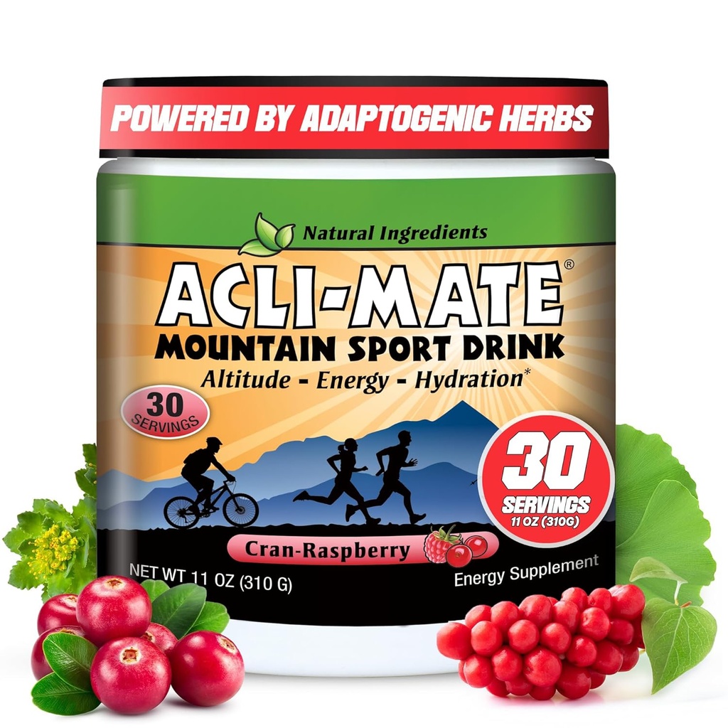 Acli-Mate Mountain Sport Drink Mix - Alta Altitudine Acclimatizzazione Elettroliti Polvere - Energy Powder Mix - Recupero Idratazione Bevande per Correre, Escursioni, Ciclismo, Viaggi &amp; Altro (1 Vasca, CranRaspberry)