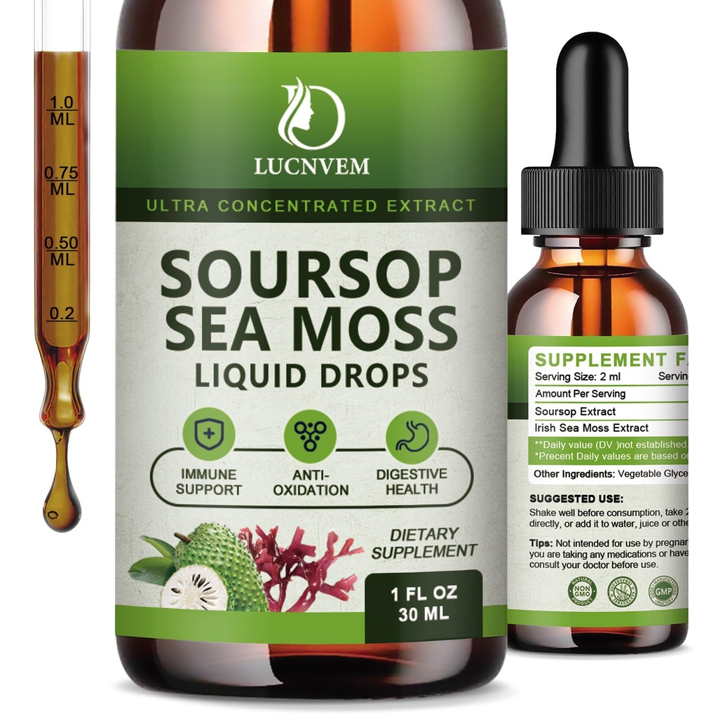 (2 Pack) Bio Soursop Graviola mit Sea Moss Liquid Drops, Soursop Bitters Liquid Rich in Multivitamin für natürliches Antioxidans, Immun Boost, Zellunterstützung & Regeneration, Ananas Flavor