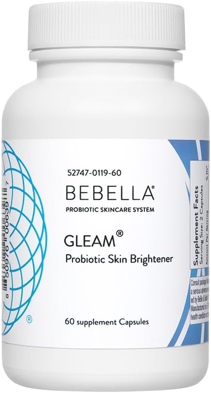 Bebella Gleam Probiotic Blend Éclaircissement de la peau w Acide alpha lipoïque NAC réduit par le glutathion VIT C & Marine Collagen Peptides 60 Capsules