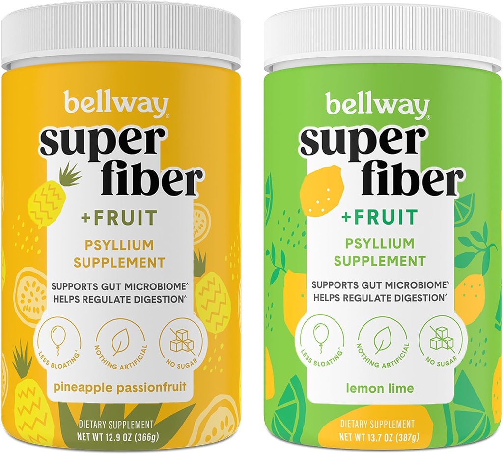 Bellway Super Fiber Powder + Fruit, Sugar Free Organic Psyllium Husk Powder Fiber Supplement for Regularity, Bloating Relief & Gut Health, Non-GMO, Pineapple Passion Fruit & Lemon Lime