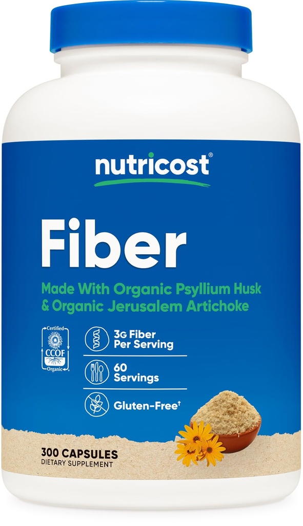Nutricost Fiber Capsules with Prebiotic Fiber Supplement 300 Kapseln - Hergestellt mit Bio Psyllium Husk & Organic Jerusalem Artichoke, 60 Servierungen, Glutenfrei, 3 G Per Servieren