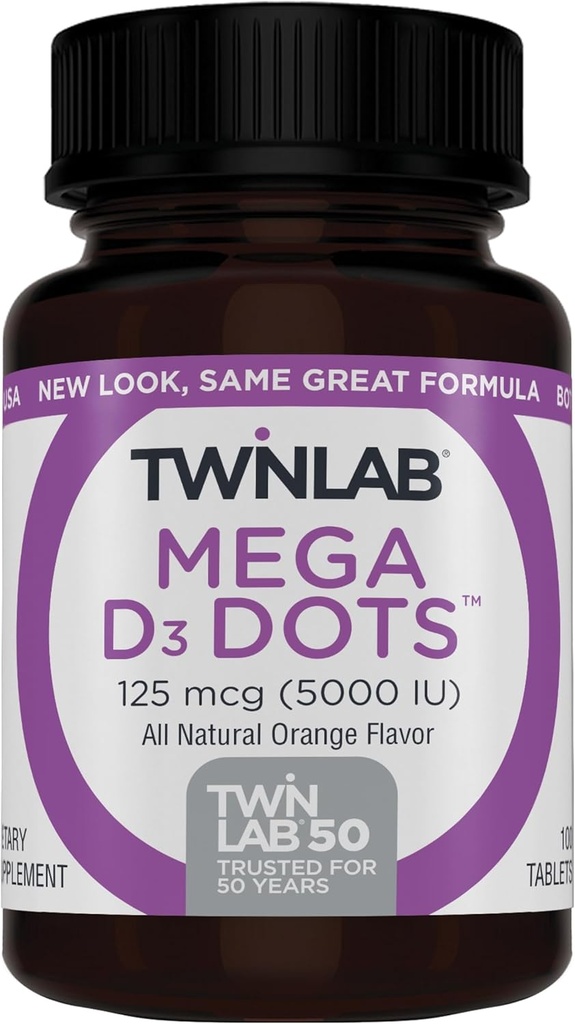 Twinlab Mega D-3 Dots - Integratore di vitamina D per la salute immunitaria e il supporto di ossa - 100 compresse arancio, 125 mcg (5000 IU) (Pack of 2)