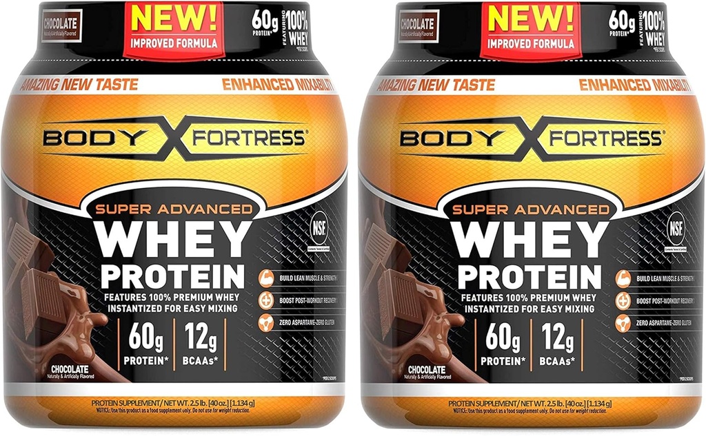 Body Fortress Super Advanced Whey Protein Pulver, Glutenfrei, Schokolade Geschmack, 2 Pfund, Pack von 2