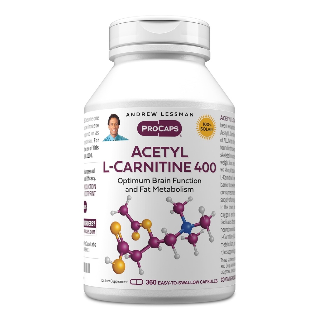 ANDREW LESSMAN Acetyl L-Carnitina 400 mg - 360 capsule - Supporto per il sistema nervoso, il metabolismo grasso ed energetico, la funzione sana del cervello, il flusso sanguigno al cervello. Capsule facili da asporto.