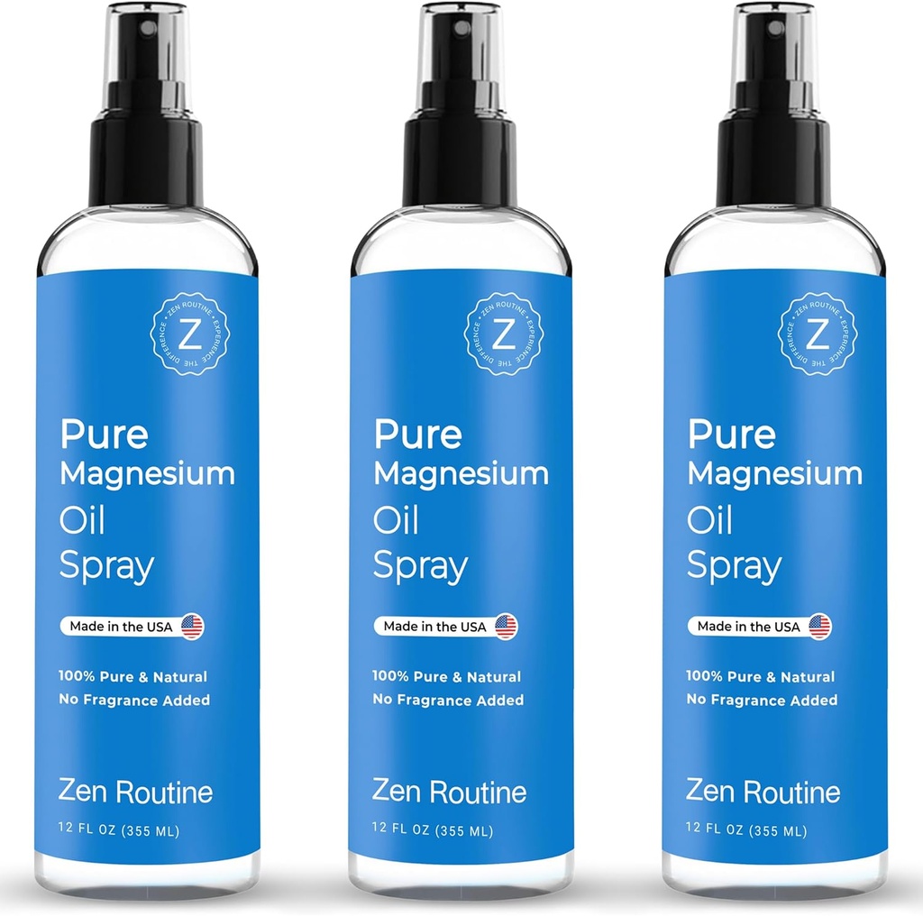 Reines Magnesium Öl Spray 12oz (3 Pack) – Organisches USP-Grad-Magnesium-Spray, topisches Magnesium-Glycinat, Magnesium-Öl für Füße, Körper, Muskeln und Leg-Krame – Made in USA