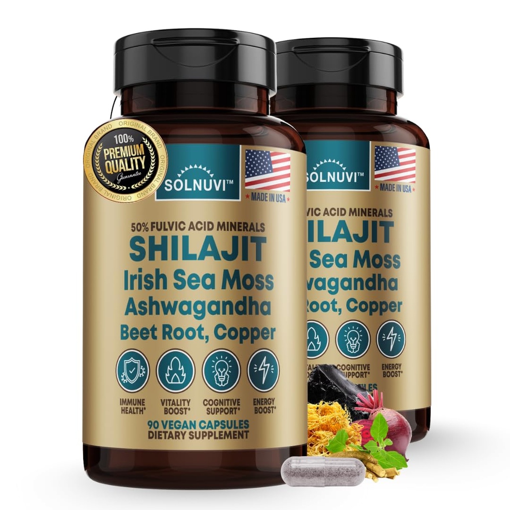 Shilajit Pure Himalayan Bio-Kapseln mit Irish Sea Moss, Ashwagandha, Kupfer, Beet Root - Fulvic Acid Trace Minerals Supplement für Männer und Frauen - 90 Count, Non-GMO, Gluten-Free