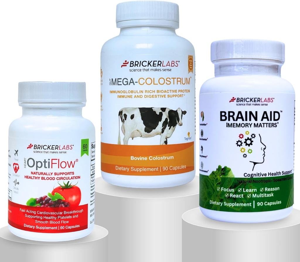 Bricker Labs Travel Wellness Bundle: Optiflow Blood Flow Optimizer, Colostrum Capsule Immune Defense und Gehirn Aid Memory Matters für Gehirngesundheit