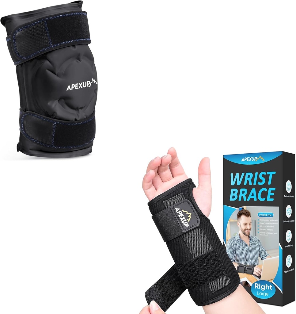 Pochette de glace APEXUP pour soulager la douleur au genou (Grande, 1PK) + Brace à poignet pour tunnel carpien (S, Droite)