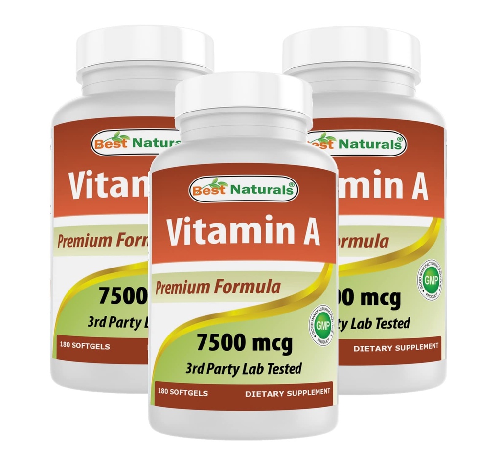 Meilleure vitamine naturelle A 25000 UI (7500 mcg), formule non-OGM soutient une vision et un système immunitaire sains et une croissance et une reproduction saines, 180 Softgels (180 Compte (paquet de 3))