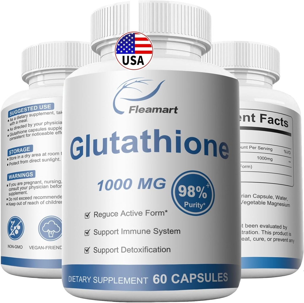 Glutathion Ergänzung 98%+ Hochgereinigt und bioverfügbar - Hautpflege & Entgiftung L-Glutathione 1000mg Immun- & Liver-Unterstützung - Made in USA 60 Kapseln