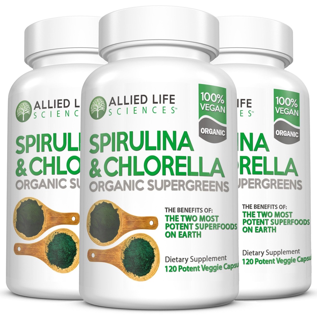 Spirulina di vita alleata e clorella | clorofilla organica Vegan Protein Powder Green Superfood Capsule | Natural Immune Support (3 Bottiglia Pack)
