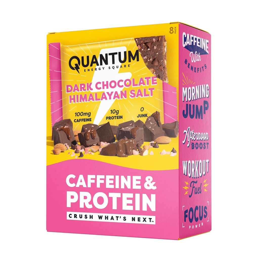 Quantum Energy Square: Barre d'énergie avec caféine et 10g de protéines. Delicious Healthy Snack On The Go. (Vegan, sans gluten, sans soja, sans laiterie) (Sel Himalayan rose au chocolat noir)