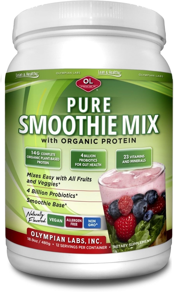 Olympian Labs Pure Smoothie Mix, Pea Protein Powder Plus Probiotics, Vitamine, Mineralien, CLA, & Flax Seed.
