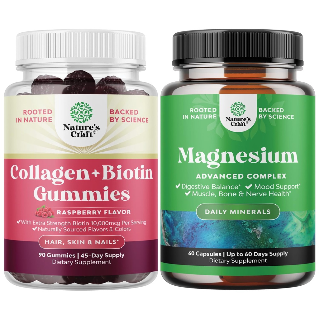 Ensemble de Gommies pour la peau et les ongles pour les femmes - Biotine Extra Strength et Gommies Collagène pour les femmes Gommies pour la peau de cheveux Soutien et supplément complexe Magnésium haute absorption pour l'estomac et la digestion