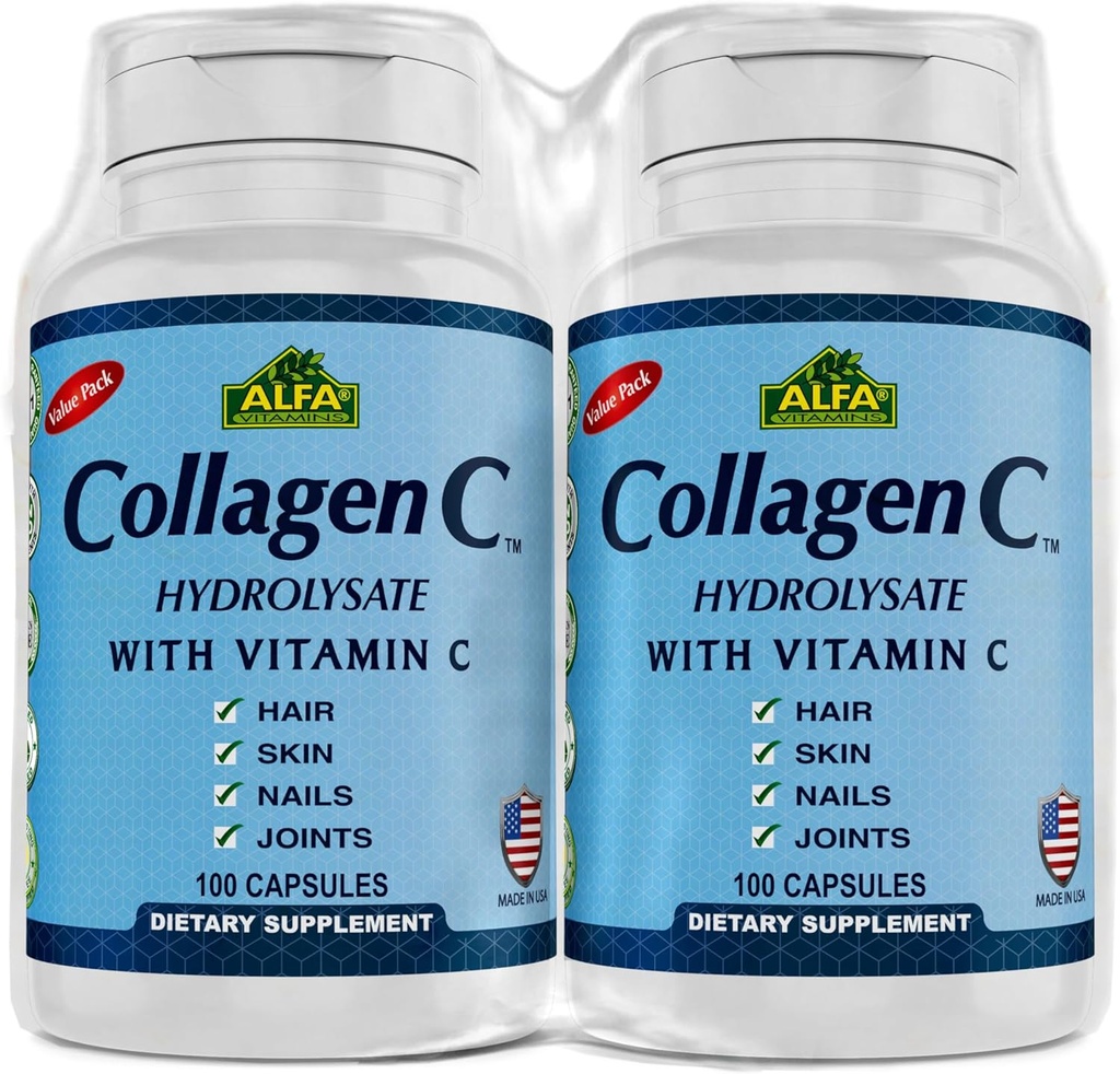 CollagenC Hydrolysate by Alfa Vitamins - Contiene biotina e vitamina C - 100 capsule Ogni - 2 confezione