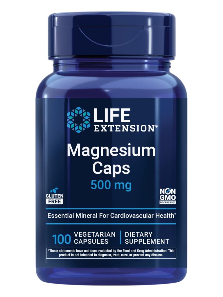 Life Extension Magnesium Caps, 500 mg, Magnesiumoxid, Citrat und Succinate, Herzgesundheit, Gesunde Knochen, Stoffwechselunterstützung, 100 vegetarische Kapseln