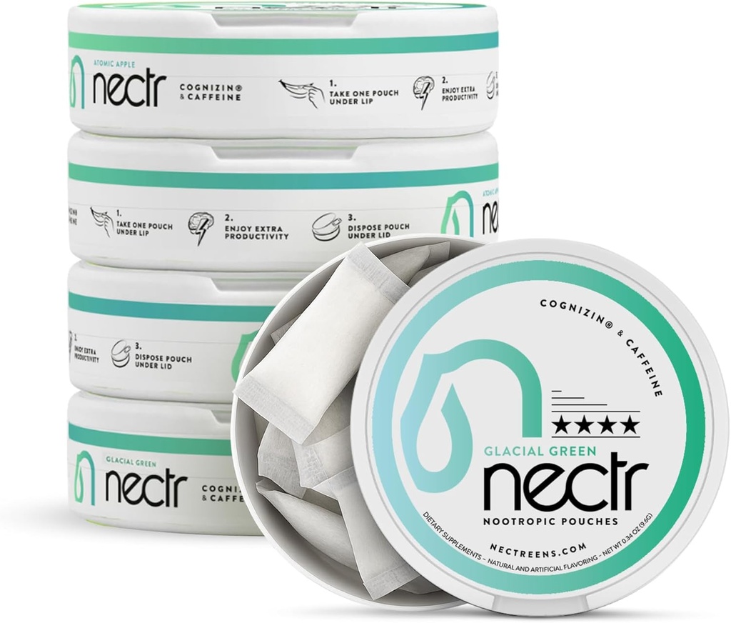 Nectr Energy Nootropic Pouches – Glacial Green Wintergreen Caffeine Pouches con Cognizin® Citicoline. Trattamenti senza zucchero del cervello. Smooth, Sustain Focus & Energy Supplement - 5 Pucks di 16pcs