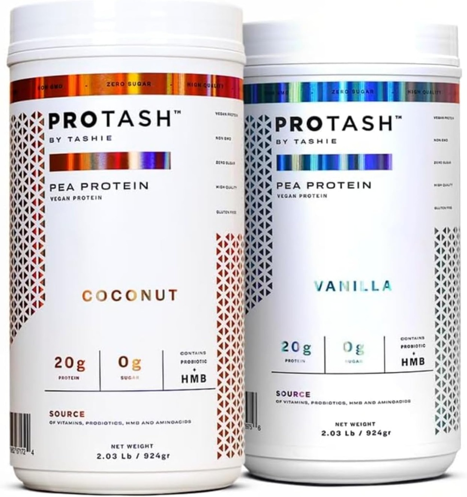 Paket von 2 | Vegan Protein Pulver von TASHIE, 20g Pea Protein für Männer und Frauen, Non GMO, Zero Sugar, Enthält Probiotic & HMB (Vanilla & Coconut)