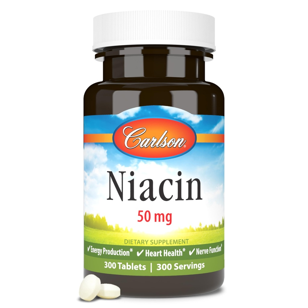 Carlson - Niacin, 50 mg, unterstützt Cholesterin-Metabolismus, Energieproduktion, Herzgesundheit, Nervenfunktion, 300 Tabletten