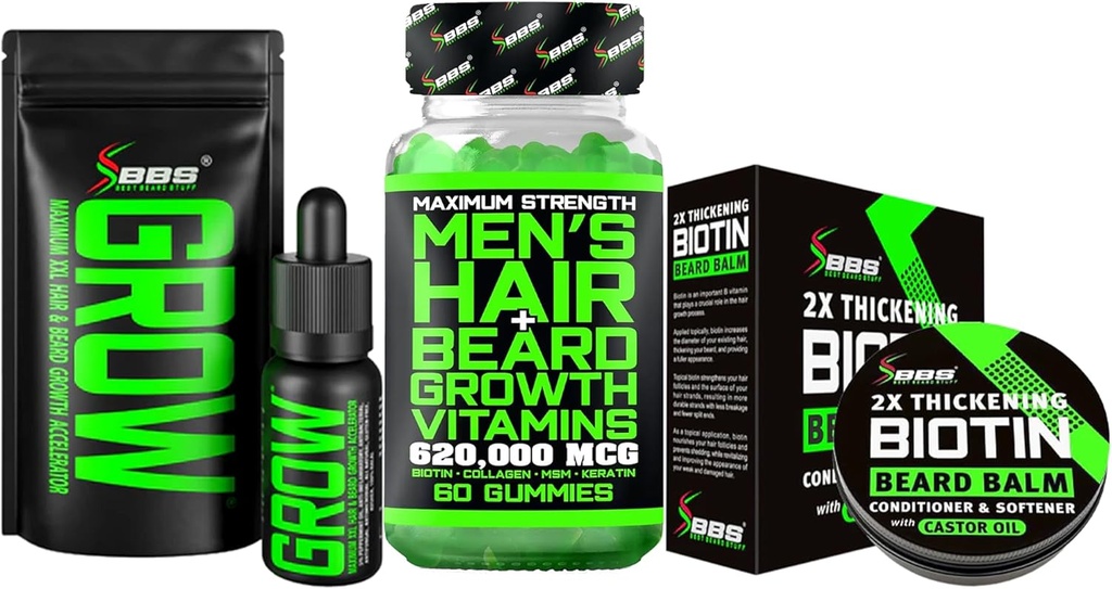 Kit de croissance de la barbe avec 2X Baume de la barbe de biotine épaississant pour les hommes et la cire de mustache + Grow Mustache Sérum et huile capillaire faciale + 14-en-1 Gommies de biotine et vitamines de croissance capillaire pour les hommes - Formulé en Amérique