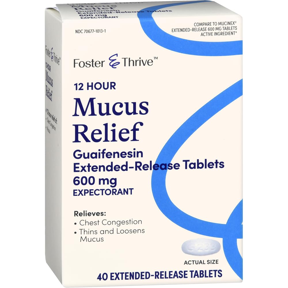 Foster & Thrive Chest Congestion Mucus Extended Release, 600 mg Guaifenesin allevia la congestione del petto causata da Excess Mucus, (Compare to Mucinex 12 Hour Extended Release), 40 compresse