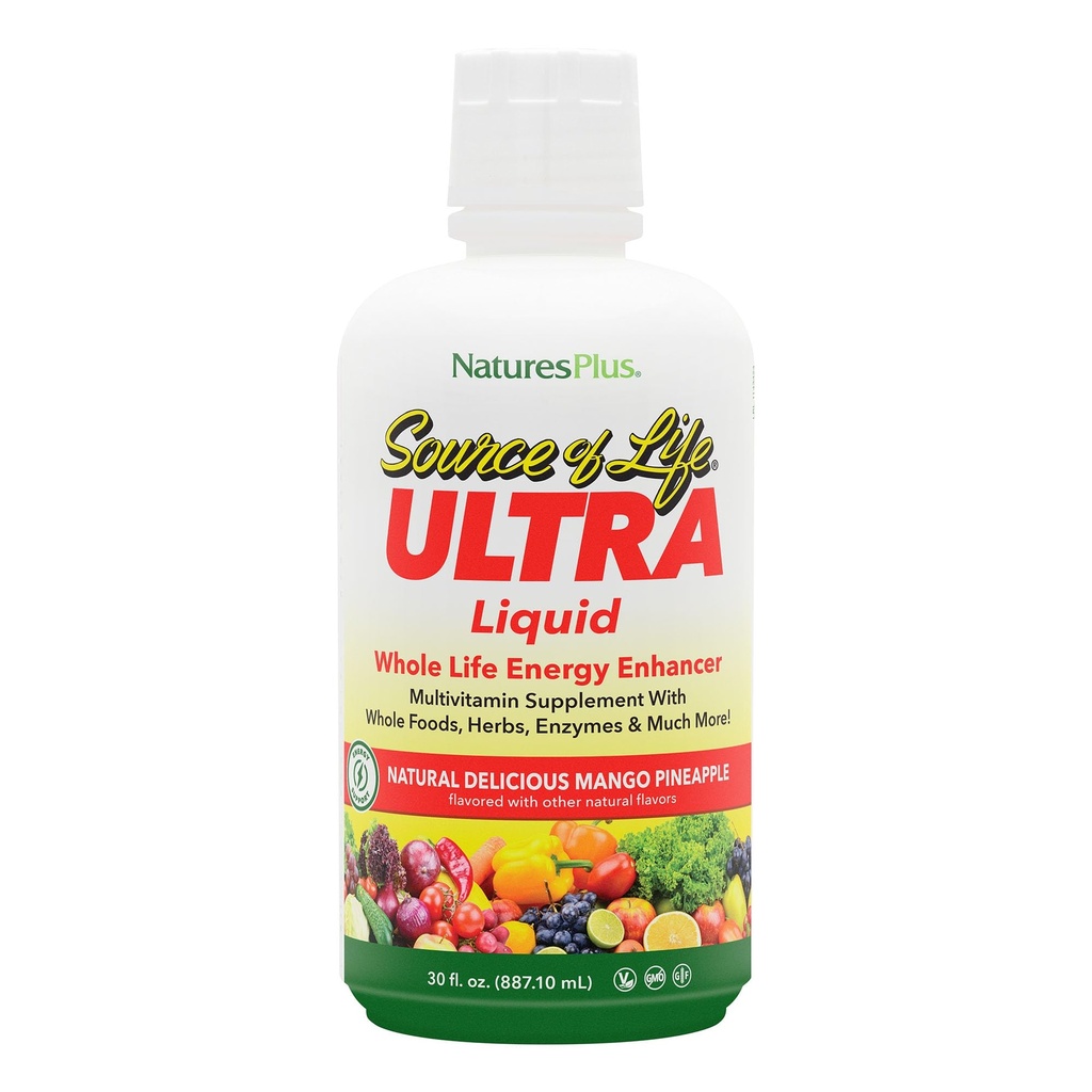 NaturesPlus Ultra Source of Life Liquid - 30 fl oz - Mango Anaapple Flavor - Multivitamin Supplement con Vitamina D3 e Lutein - Vegetariano, Senza Glutine - 30 Serve
