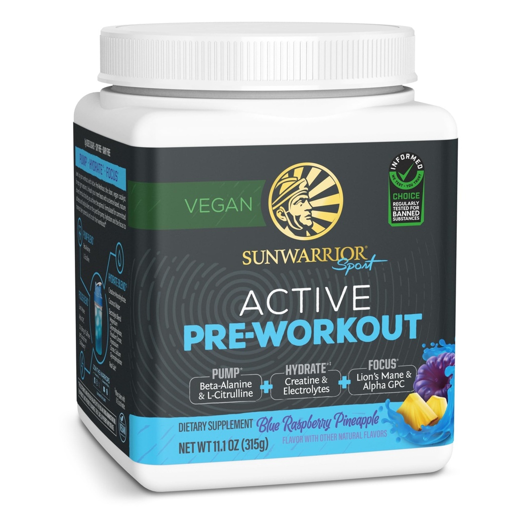 Sunwarrior avant l'entraînement Poudre boisson énergétique Végétalienne supplément à base de plantes Pompe, Hydrate, Focus, Endurance, & Strength Builder Blue Raspberry Ananas Aromatisé 30 portions Pré-entraînement actif