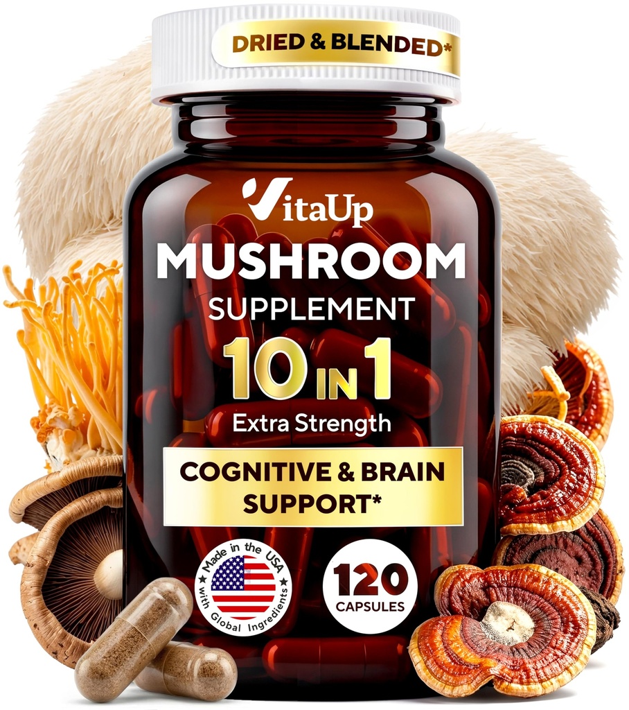 Lions Mane Supplement Capsules - USA Fabriqué 10 en 1 Supplément de Champignon - Complexe de Champignons avec Lions Mane, Cordyceps, Turkey Tail, Reishi, Shiitake pour le soutien cognitif et immunitaire - 120 Compte