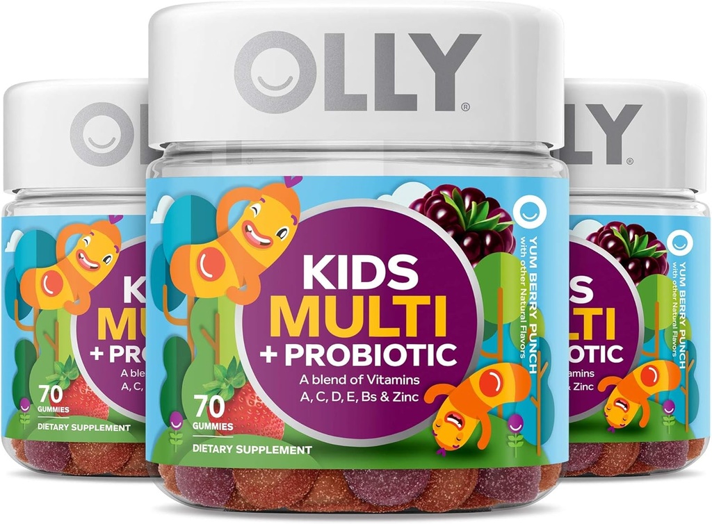 OLLY Kids Multivitamin + Probiotico Gummy, Vitamine A, C, D, E, B, Zinco, Probiotici, Chewable Supplement, Berry Flavor, 70 Conte (3 Pack)