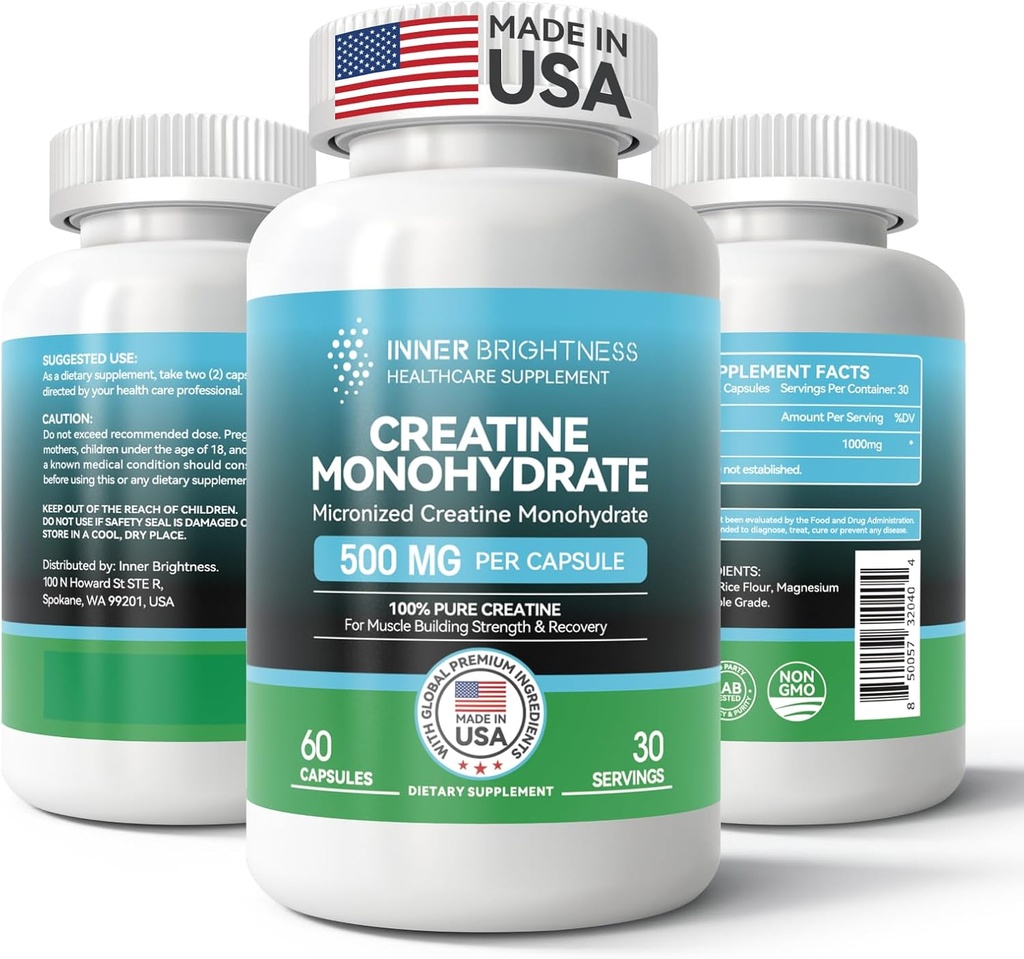 Capsules monohydratées de créatine pour le builder musculaire, l'endurance et la force, supplément d'entraînement , sans OGM, sans gluten - 60 capsules