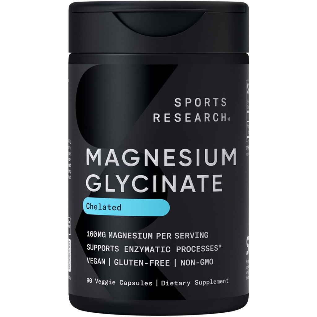 Sport Research® Magnesium Glycinate - unterstützt restful Sleep & Enzymatic Processes - 160 mg Chelat Magnesium - Vegan Capsule - 90 Count