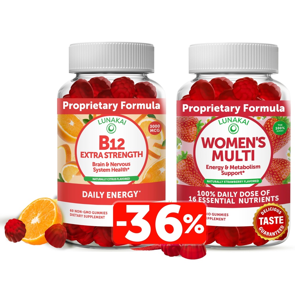 Lunakai Vitamin B12 und Women's Multivitamin Gummis Bundle - Non-GMO & Vegan Ergänzung für Energieunterstützung und Knochengesundheit - 100% täglicher Wert von 16 essentiellen Vitaminen und Mineralien - 30 Tage Versorgung